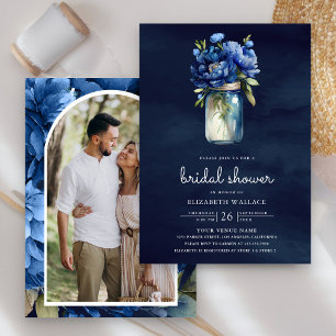Invitation Fête des mariées photo Mason Jar bleu foncé Floral