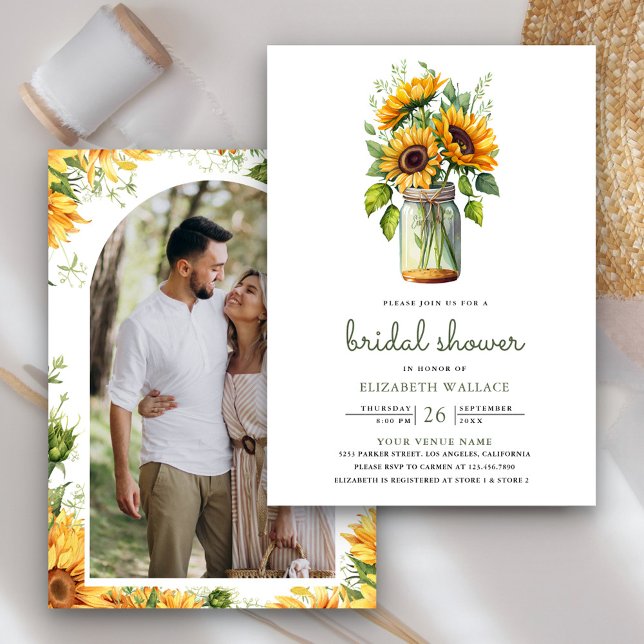 Invitation Fête des mariées photo Mason Jar, tournesols rusti (Créateur téléchargé)