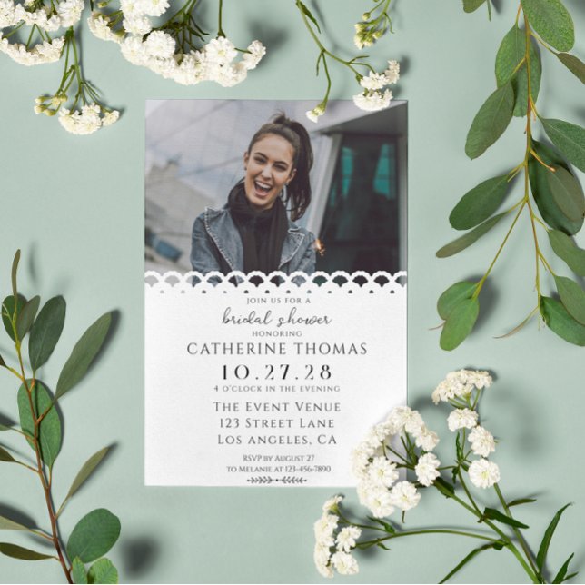 Invitation Fête des mariées photo moderne élégante en dentell (Créateur téléchargé)