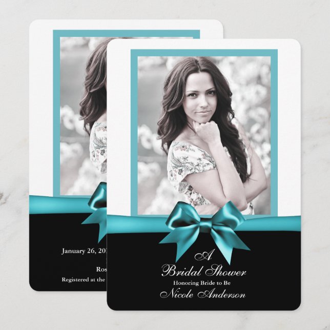 Invitation Fête des mariées photo turquoise Turquoise Bow (Devant / Derrière)