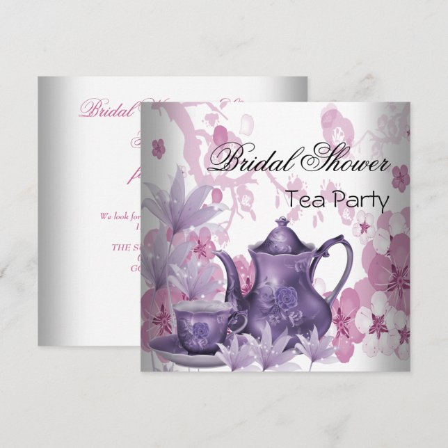 Invitation Fête des mariées Pink Purple Tea Party (Devant / Derrière)
