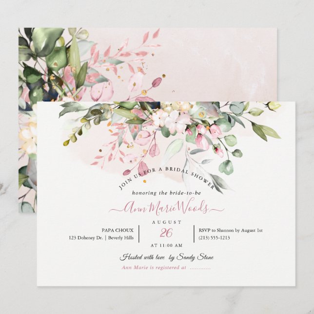 Invitation Fête des mariées PixDezines H2 rose pâle Eucalyptu (Devant / Derrière)