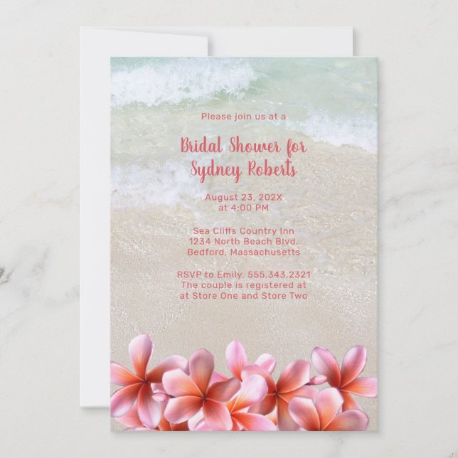 Invitation Fête des mariées Plage de sable rose Plumeria (Devant)