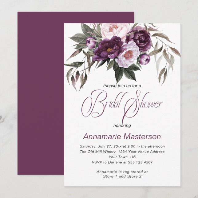 Invitation Fête des mariées Plum Pink Peonies (Devant / Derrière)