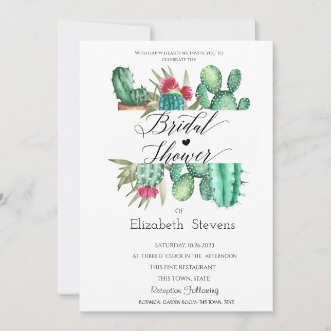 Invitation Fête des mariées Pois de script de cactus aquarell (Devant)