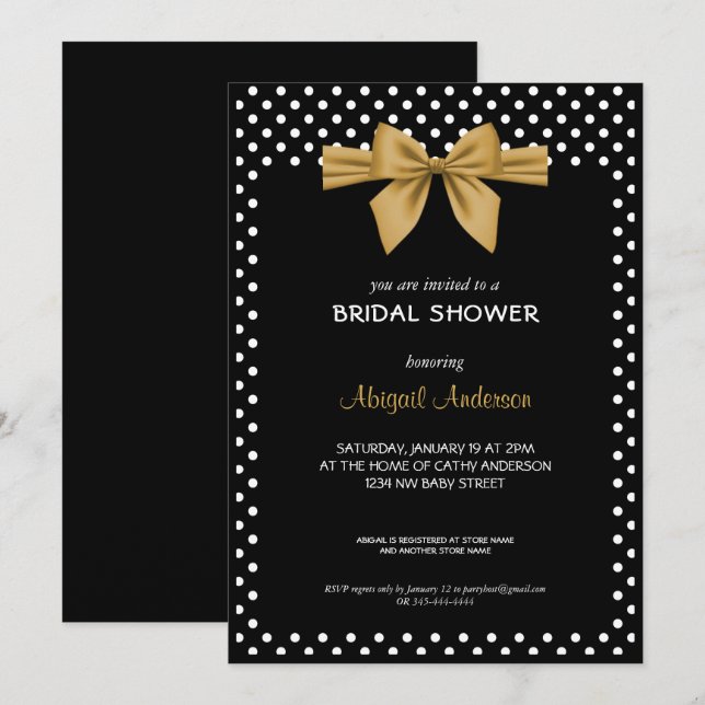 Invitation Fête des mariées Pois en noir et blanc Gold Bow (Devant / Derrière)