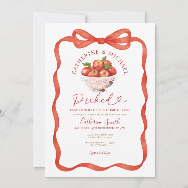 Invitation Fête des mariées Pomme Bow Rouge S'Est Prise L'Une (Devant)