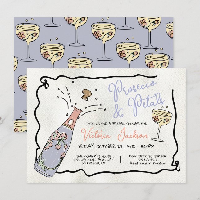 Invitation Fête des mariées Presecco et Petals dessinés à la  (Devant / Derrière)