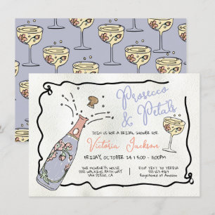 Invitation Fête des mariées Presecco et Petals dessinés à la