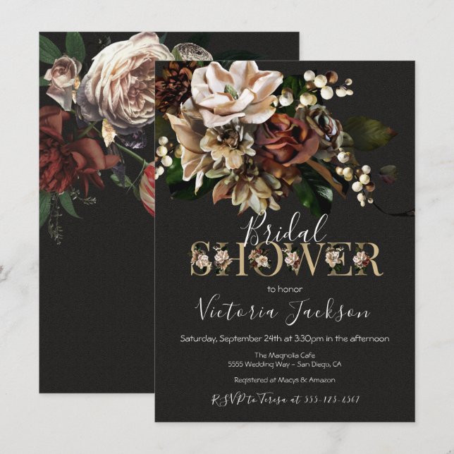 Invitation Fête des mariées Rembrandt Floral Dark & Moody (Devant / Derrière)
