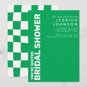 Invitation Fête des mariées Retro Kelly Green White Checkerbo