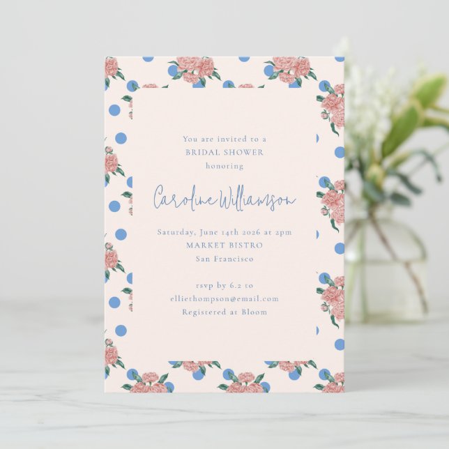 Invitation Fête des mariées Retro Peony Floral Garden Blue Do (Debout devant)