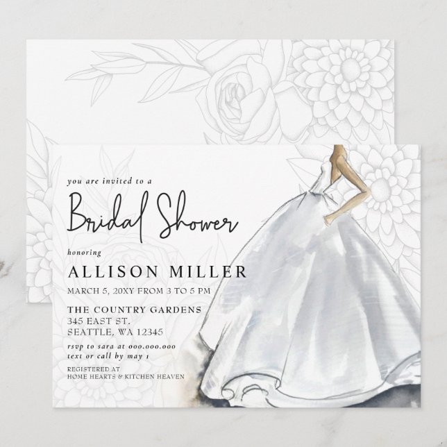 Invitation Fête des mariées Robe Mariage blanche rustique (Devant / Derrière)