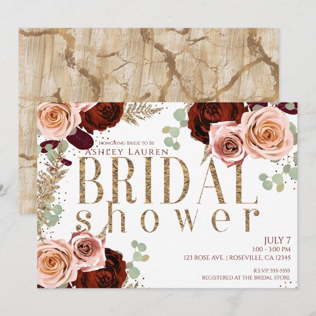 Invitation Fête des mariées Rose blanche rose or (Devant / Derrière)