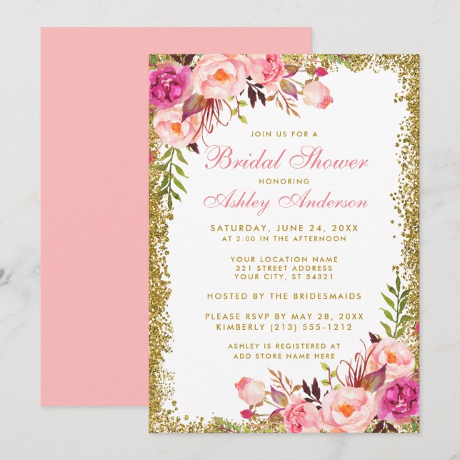 Invitation Fête des mariées Rose Blush Floral Parties scintil (Devant / Derrière)