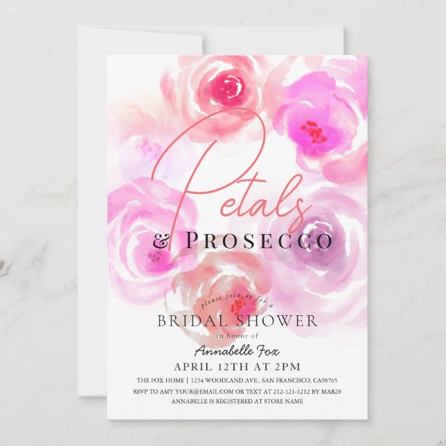 Invitation Fête des mariées Rose d'aquarelle Petals & Prosecc (Devant)