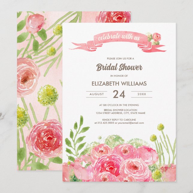 Invitation Fête des mariées Rose d'aquarelle romantique (Devant / Derrière)