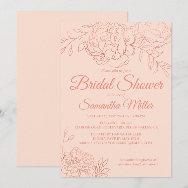 Invitation Fête des mariées rose de fleurs croisées or (Devant / Derrière)