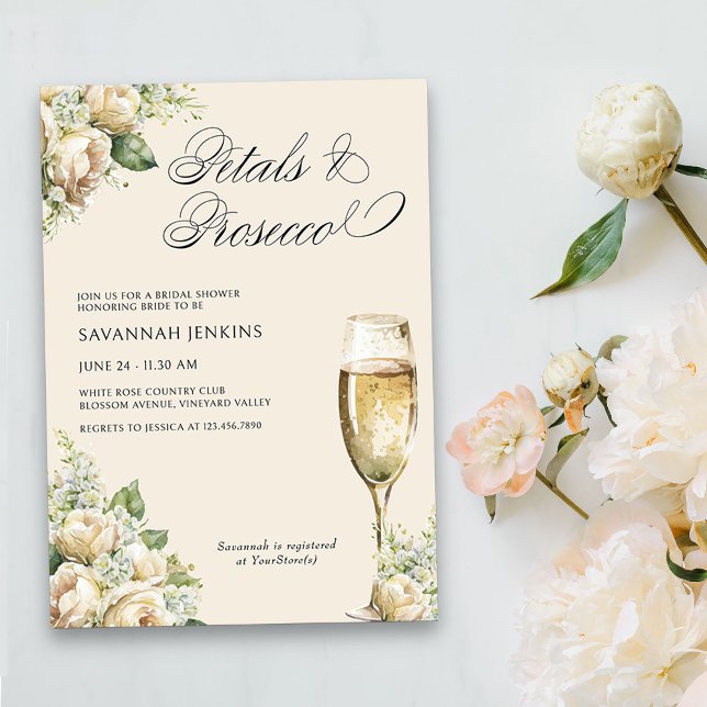 Invitation Fête des mariées Rose de pétales et de crème de po (Petals & Prosecco Floral Bridal Shower invitation on cream)