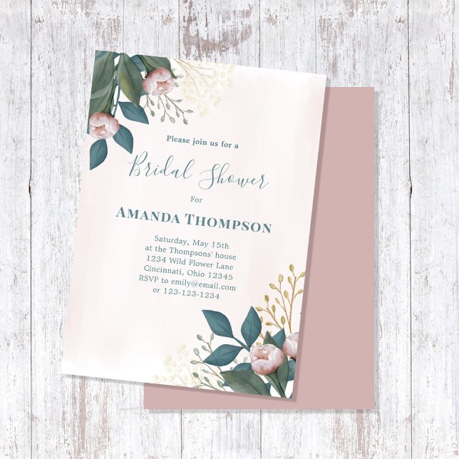 Invitation Fête des mariées rose Élégant Floral Personnalisé (Bridal shower pink floral rose buds custom invitation.)