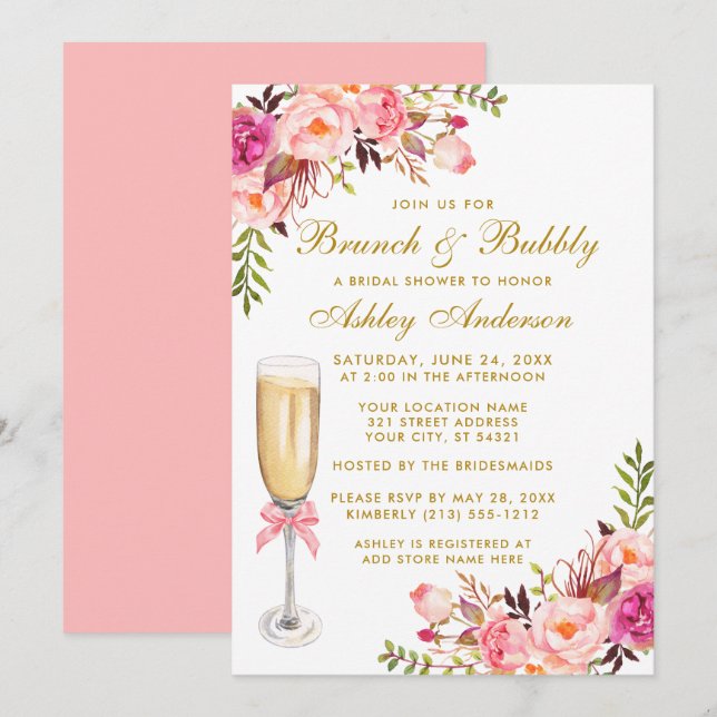 Invitation Fête des mariées Rose Floral Brunch Bubbly Or (Devant / Derrière)