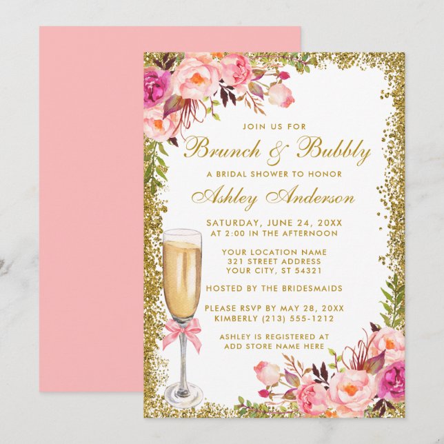 Invitation Fête des mariées Rose Floral Brunch Parties scinti (Devant / Derrière)