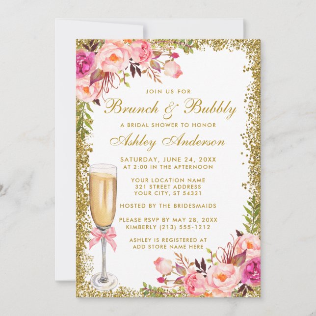 Invitation Fête des mariées rose Floral Brunch Parties scinti (Devant)