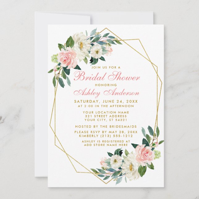 Invitation Fête des mariées rose Floral Cadre géométrique Inv (Devant)