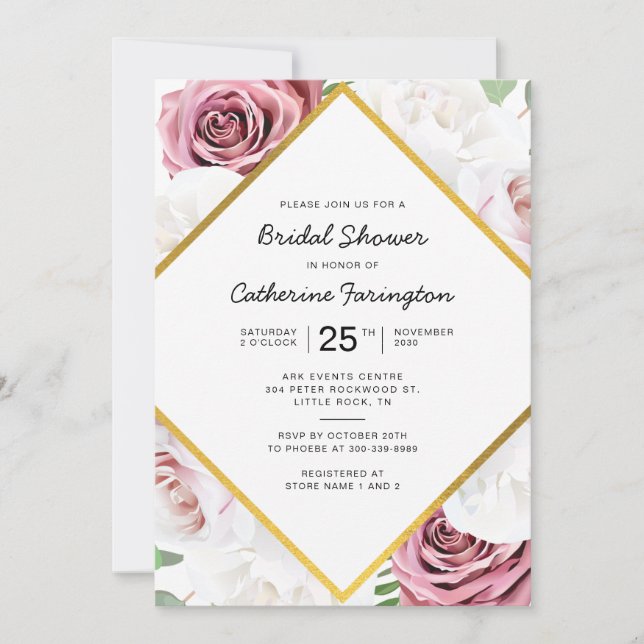 Invitation Fête des mariées rose Floral Or cadre géométrique (Devant)