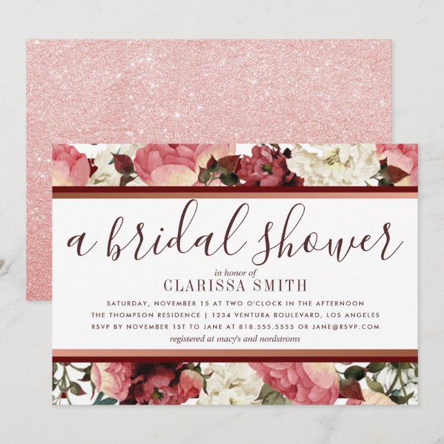 Invitation Fête des mariées rose Gold et Fleurs Bourgogne (Devant / Derrière)