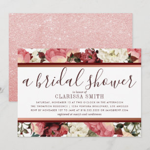 Invitation Fête des mariées rose Gold et Fleurs Bourgogne