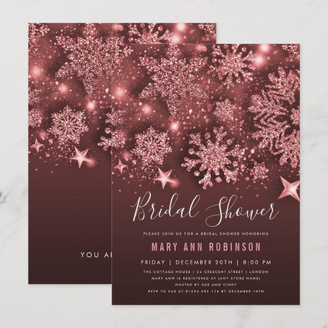 Invitation Fête des mariées rose Gold Winter Parties scintill (Devant / Derrière)