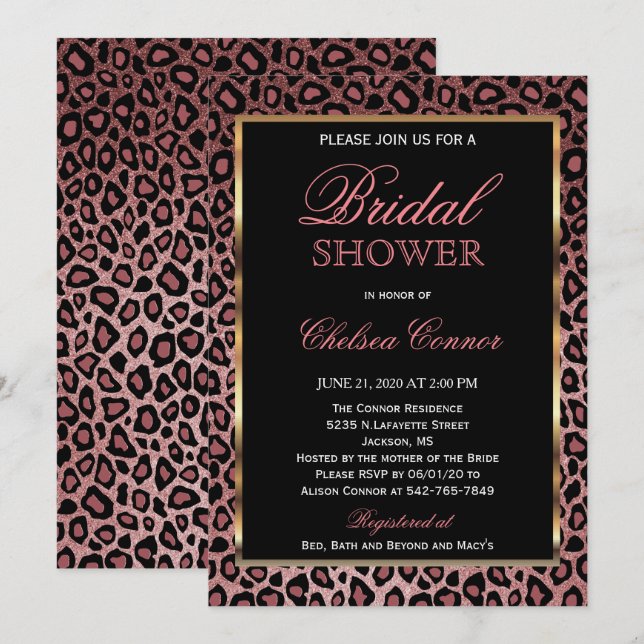 Invitation Fête des mariées - Rose Motif Leopard Or (Devant / Derrière)