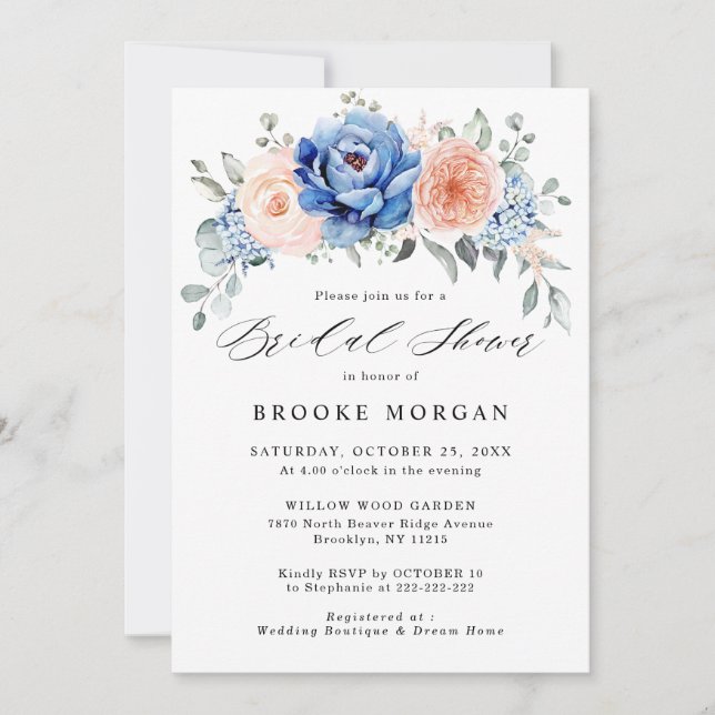 Invitation Fête des mariées rose pâle Dusty bleu marine (Devant)