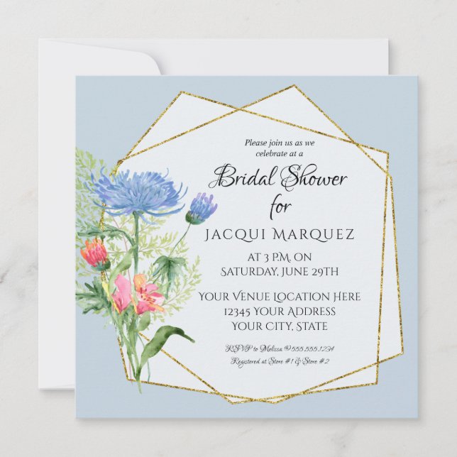 Invitation Fête des mariées rose pâle n bleu foncé floral (Devant)