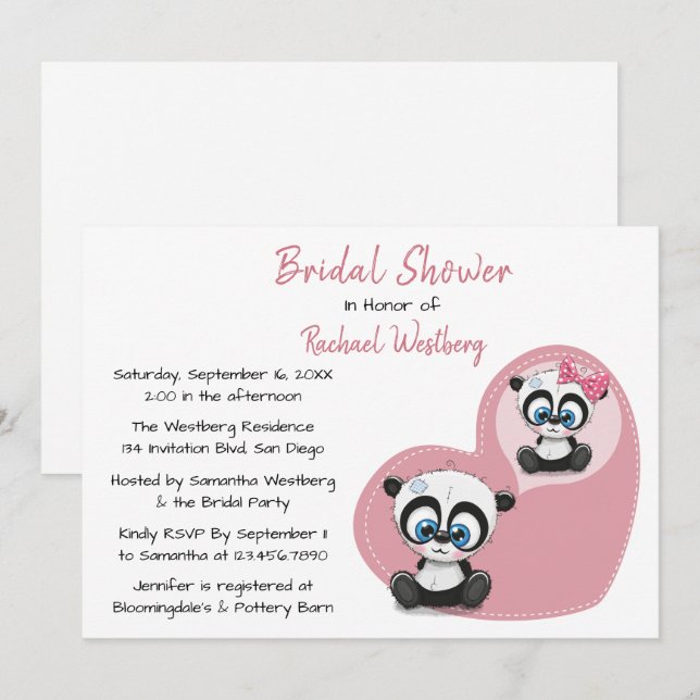 Invitation Fête des mariées rose Panda Teddy Bear Mariage de  (Devant / Derrière)