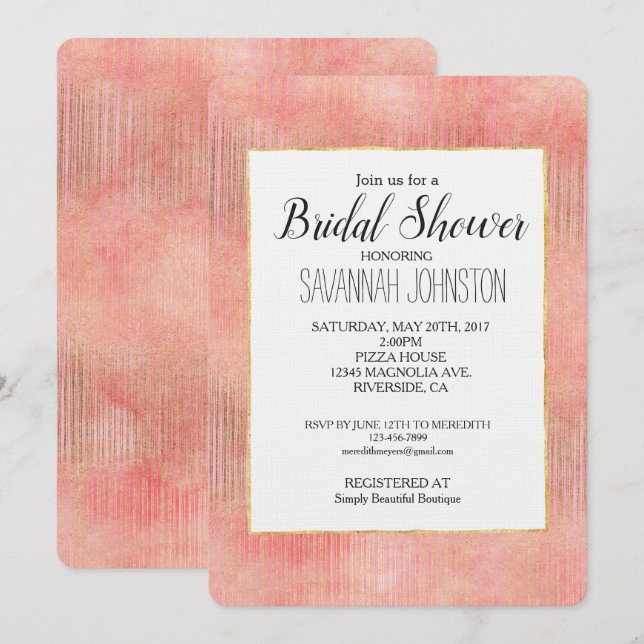 Invitation Fête des mariées rose Pink Gold Stripes (Devant / Derrière)