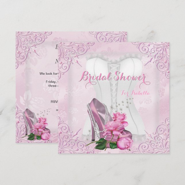 Invitation Fête des mariées Rose Rose Hi Heel Lace Damask (Devant / Derrière)