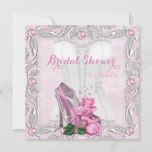 Invitation Fête des mariées Rose Rose Hi Heel Lace Damask 2 (Devant)