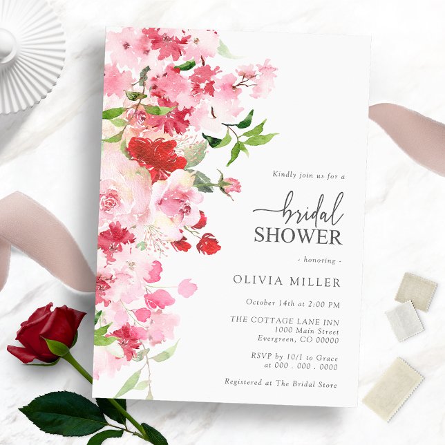 Invitation Fête des mariées rose rouge florale (Floral Red Pink Bridal Shower Invitation
)