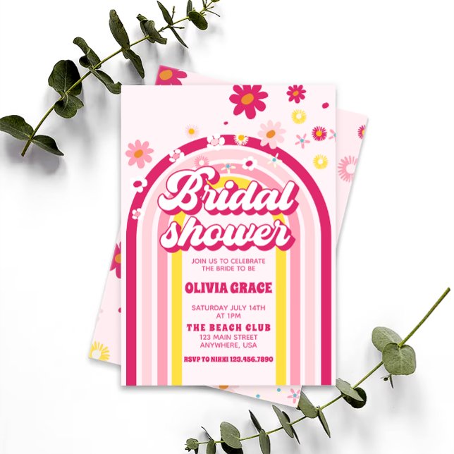 Invitation Fête des mariées rose Super Retro Rainbow Daisy (Créateur téléchargé)