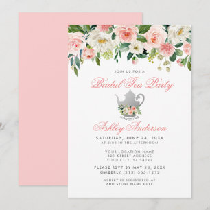 Invitation Fête des mariées rose Tea Party Floral Argent Invi