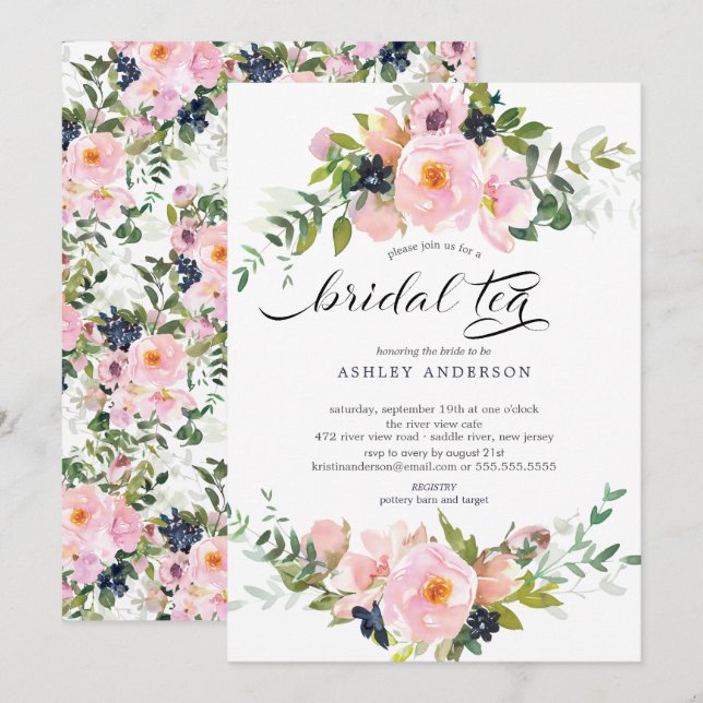 Invitation Fête des mariées Roses et pivoines Blush Thé nupti (Devant / Derrière)