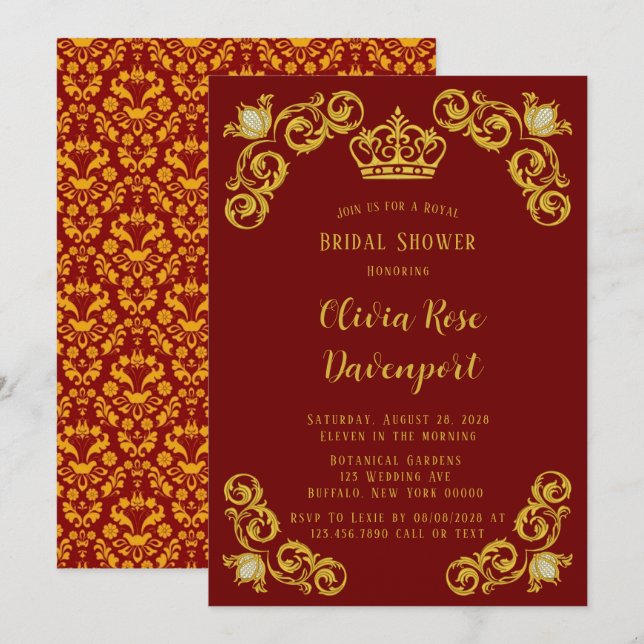 Invitation Fête des mariées rouge et or Royal Crown Damask (Devant / Derrière)