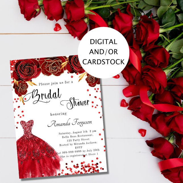 Invitation Fête des mariées rouge robe blanche rose fleurs (Créateur téléchargé)