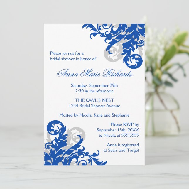 Invitation Fête des mariées royale bleue et argentée (Debout devant)
