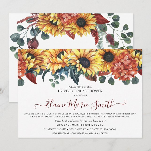 Invitation Fête des mariées Russe Bourgogne Sunflower Drive T (Devant / Derrière)
