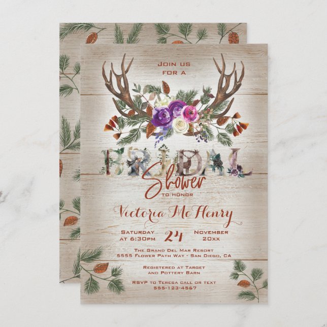 Invitation Fête des mariées Rustic Antlers & Pine Branches (Devant / Derrière)