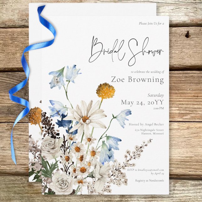 Invitation Fête des mariées Rustic Blue Fleurs sauvages et ma (Rustic Blue Wildflowers & Daisies Bridal Shower Invitation)