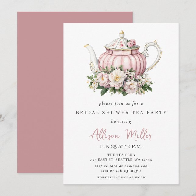 Invitation Fête des mariées Rustic Blush Rose Gold Tea Party (Devant / Derrière)